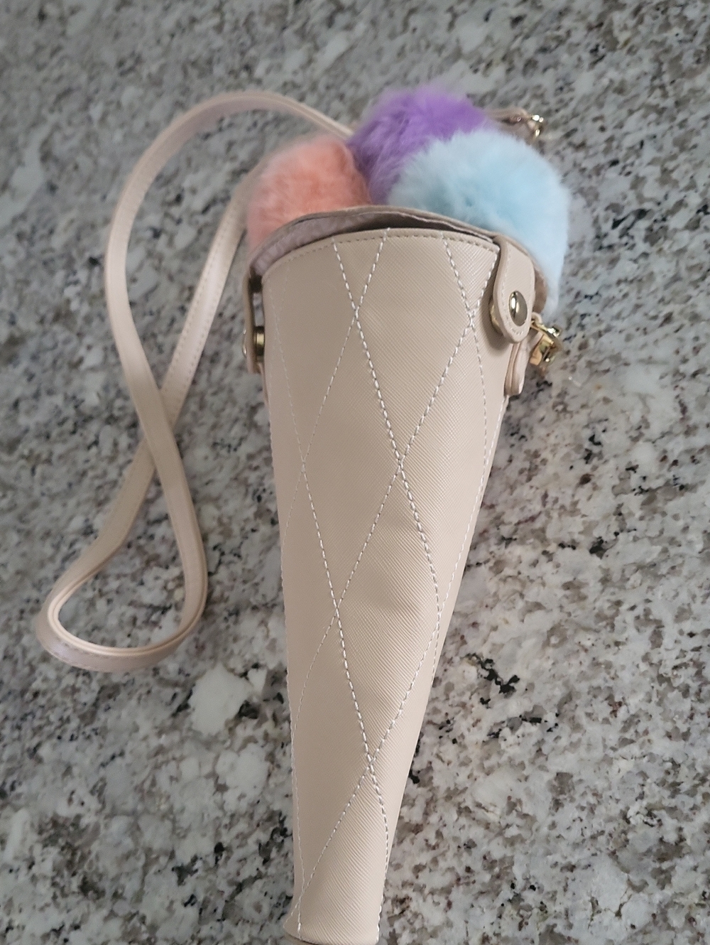Beige Quilted Crossbody Ice Cream Cone Bag with Pastel Pom-Poms.